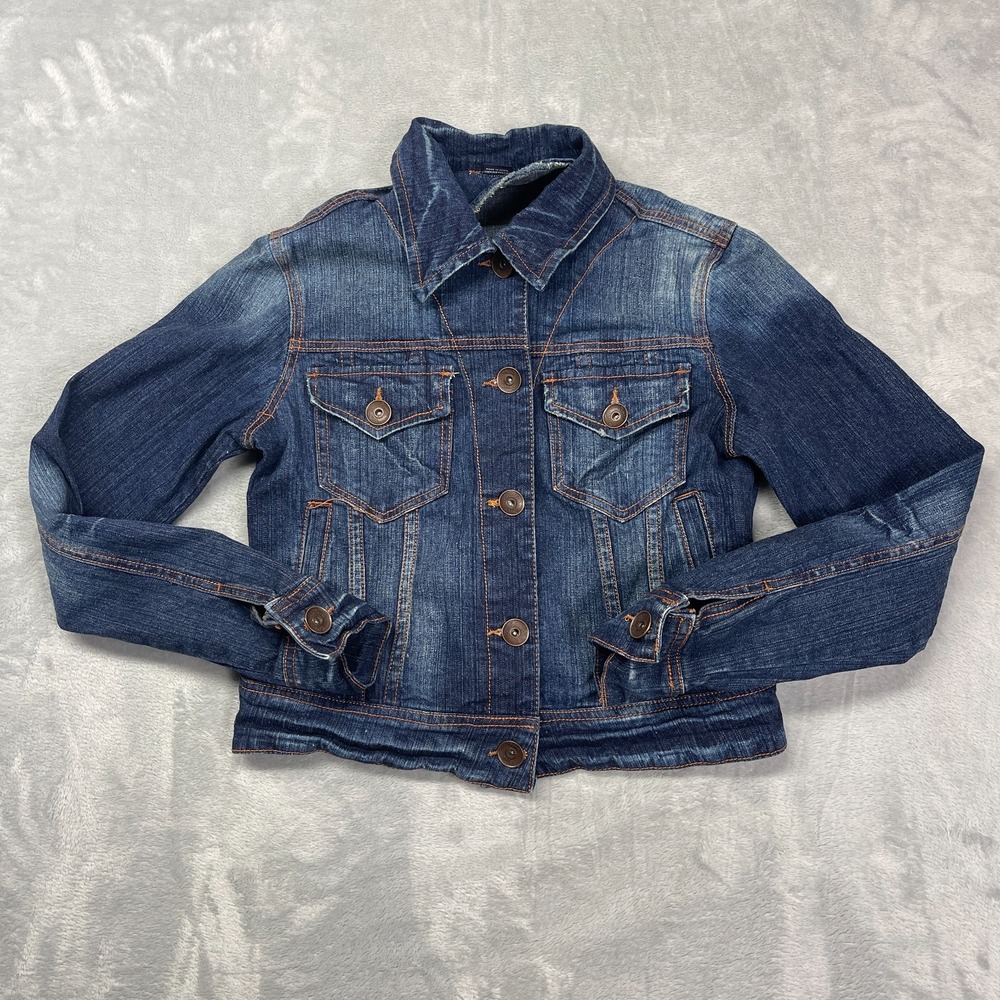 Bongo Trucker Jacket Womens Large Blue Denim Long Sleeve Collared Button Front
